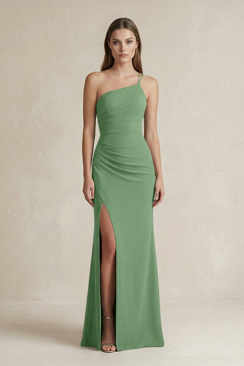 One - Shoulder Sheath Satin Bridesmaid Dress in Matcha - KISS BRIDAL Bridesmaid Dresses