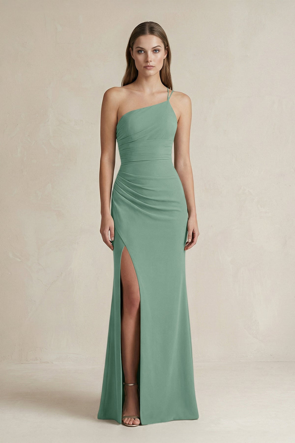 One - Shoulder Sheath Satin Bridesmaid Dress in Mint Green - KISS BRIDAL Bridesmaid Dresses