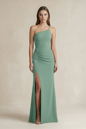 One - Shoulder Sheath Satin Bridesmaid Dress in Mint Green - KISS BRIDAL Bridesmaid Dresses