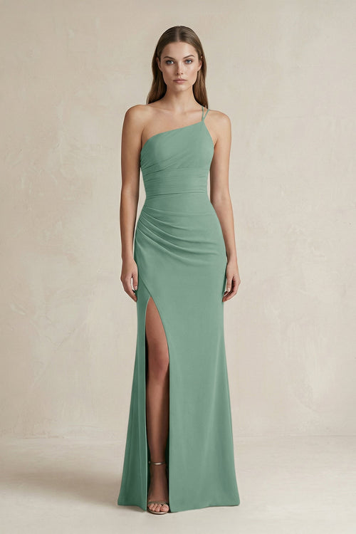 One - Shoulder Sheath Satin Bridesmaid Dress in Mint Green - KISS BRIDAL Bridesmaid Dresses