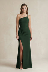 One - Shoulder Sheath Satin Bridesmaid Dress in Moss - KISS BRIDAL Bridesmaid Dresses