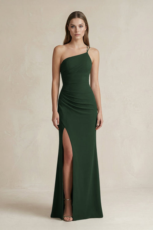 One - Shoulder Sheath Satin Bridesmaid Dress in Moss - KISS BRIDAL Bridesmaid Dresses
