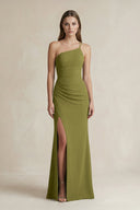 One - Shoulder Sheath Satin Bridesmaid Dress in Moss Green - KISS BRIDAL Bridesmaid Dresses