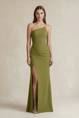 One - Shoulder Sheath Satin Bridesmaid Dress in Moss Green - KISS BRIDAL Bridesmaid Dresses