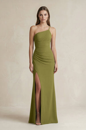 One - Shoulder Sheath Satin Bridesmaid Dress in Moss Green - KISS BRIDAL Bridesmaid Dresses