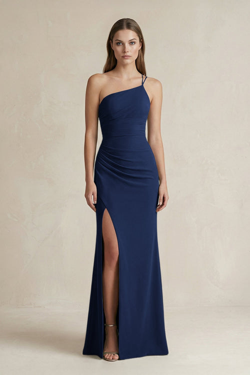 One - Shoulder Sheath Satin Bridesmaid Dress in Navy - KISS BRIDAL Bridesmaid Dresses