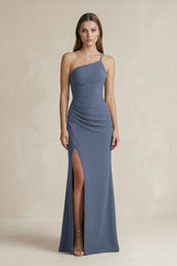 One - Shoulder Sheath Satin Bridesmaid Dress in Neptune - KISS BRIDAL Bridesmaid Dresses