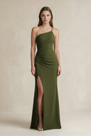 One - Shoulder Sheath Satin Bridesmaid Dress in Olive - KISS BRIDAL Bridesmaid Dresses