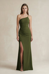 One - Shoulder Sheath Satin Bridesmaid Dress in Olive - KISS BRIDAL Bridesmaid Dresses