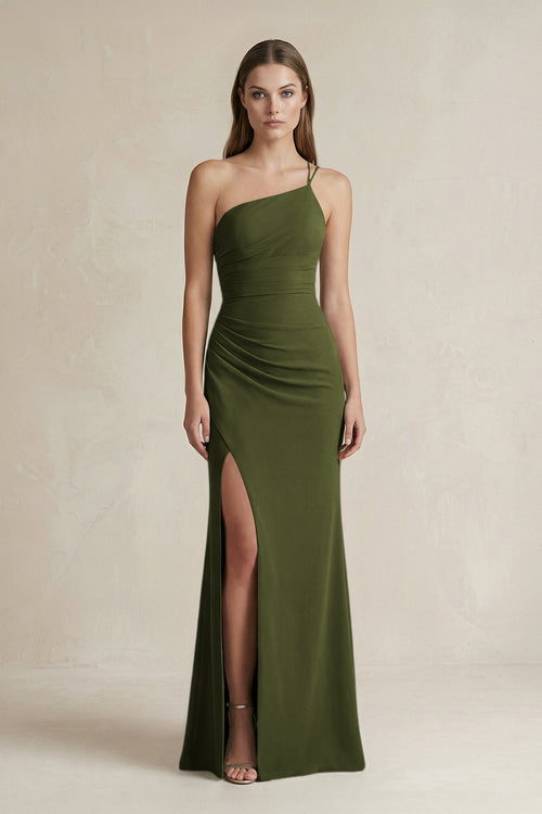One - Shoulder Sheath Satin Bridesmaid Dress in Olive - KISS BRIDAL Bridesmaid Dresses