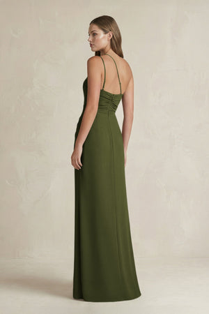 One - Shoulder Sheath Satin Bridesmaid Dress in Olive - KISS BRIDAL Bridesmaid Dresses