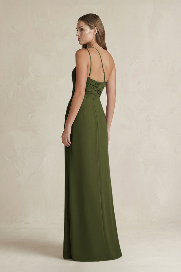 One - Shoulder Sheath Satin Bridesmaid Dress in Olive - KISS BRIDAL Bridesmaid Dresses
