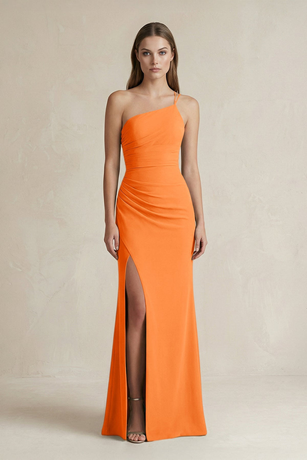 One - Shoulder Sheath Satin Bridesmaid Dress in Orange - SHE IS ME Bridesmaid Dresses