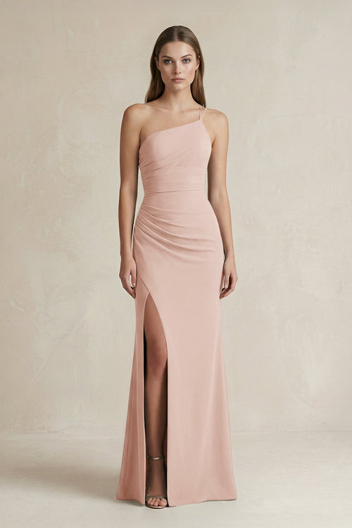 One - Shoulder Sheath Satin Bridesmaid Dress in Pale Blush - KISS BRIDAL Bridesmaid Dresses