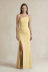 One - Shoulder Sheath Satin Bridesmaid Dress in Pastel Yellow - KISS BRIDAL Bridesmaid Dresses