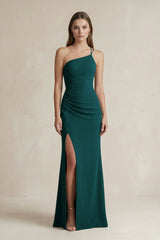One - Shoulder Sheath Satin Bridesmaid Dress in Pine - KISS BRIDAL Bridesmaid Dresses