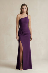 One - Shoulder Sheath Satin Bridesmaid Dress in Plum - KISS BRIDAL Bridesmaid Dresses