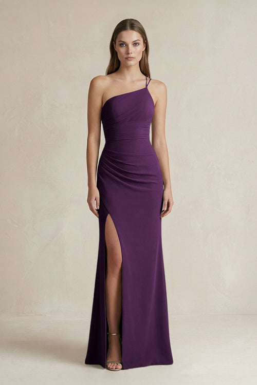 One - Shoulder Sheath Satin Bridesmaid Dress in Plum - KISS BRIDAL Bridesmaid Dresses