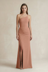 One - Shoulder Sheath Satin Bridesmaid Dress in Rosette - KISS BRIDAL Bridesmaid Dresses