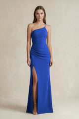 One - Shoulder Sheath Satin Bridesmaid Dress in Royal Blue - KISS BRIDAL Bridesmaid Dresses