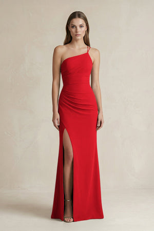 One - Shoulder Sheath Satin Bridesmaid Dress in Ruby Red - KISS BRIDAL Bridesmaid Dresses