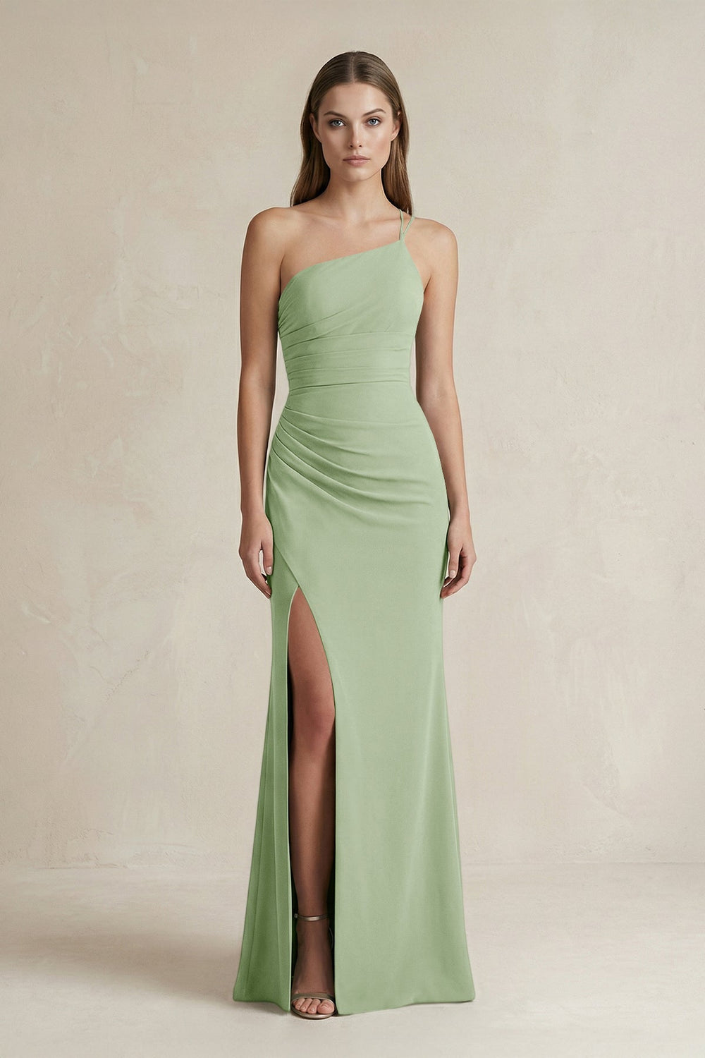 One - Shoulder Sheath Satin Bridesmaid Dress in Sage - KISS BRIDAL Bridesmaid Dresses