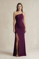 One - Shoulder Sheath Satin Bridesmaid Dress in Sangria - KISS BRIDAL Bridesmaid Dresses