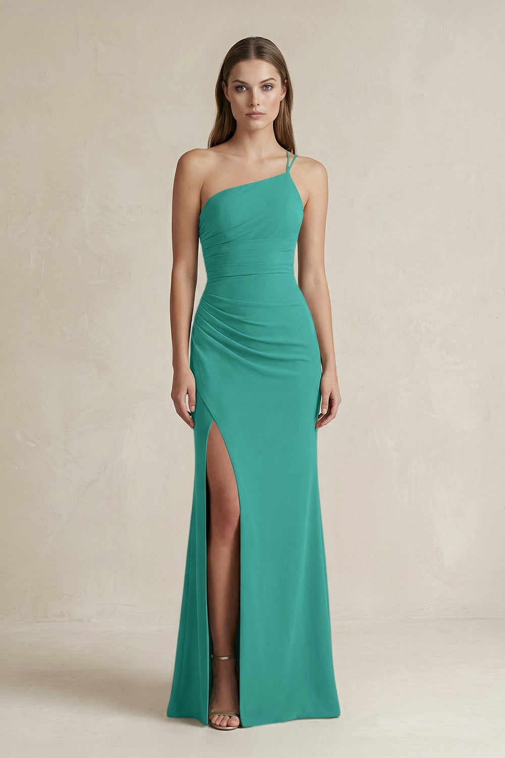 One - Shoulder Sheath Satin Bridesmaid Dress in Sea Glass - KISS BRIDAL Bridesmaid Dresses
