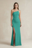 One - Shoulder Sheath Satin Bridesmaid Dress in Sea Glass - KISS BRIDAL Bridesmaid Dresses