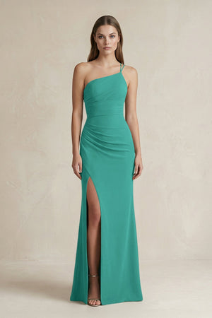 One - Shoulder Sheath Satin Bridesmaid Dress in Sea Glass - KISS BRIDAL Bridesmaid Dresses