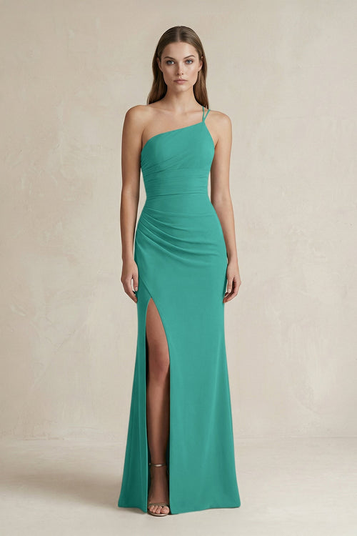 One - Shoulder Sheath Satin Bridesmaid Dress in Sea Glass - KISS BRIDAL Bridesmaid Dresses
