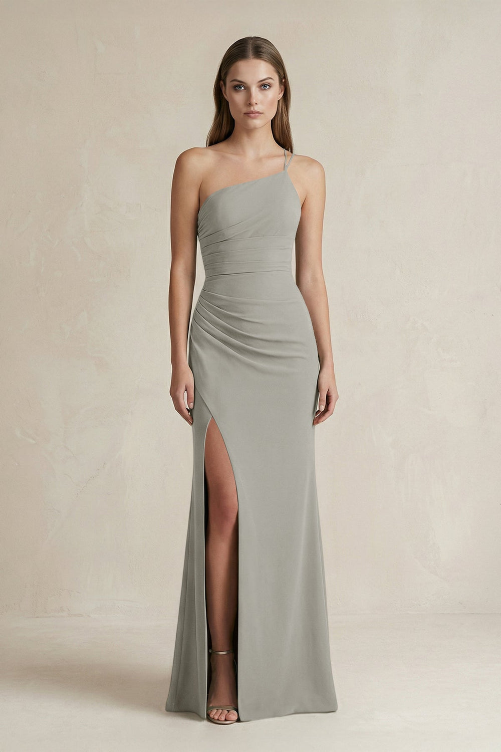 One - Shoulder Sheath Satin Bridesmaid Dress in Silver - KISS BRIDAL Bridesmaid Dresses