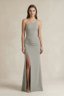 One - Shoulder Sheath Satin Bridesmaid Dress in Silver - KISS BRIDAL Bridesmaid Dresses