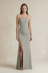 One - Shoulder Sheath Satin Bridesmaid Dress in Silver - KISS BRIDAL Bridesmaid Dresses