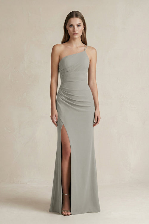 One - Shoulder Sheath Satin Bridesmaid Dress in Silver - KISS BRIDAL Bridesmaid Dresses