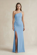 One - Shoulder Sheath Satin Bridesmaid Dress in Sky Blue - KISS BRIDAL Bridesmaid Dresses