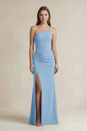 One - Shoulder Sheath Satin Bridesmaid Dress in Sky Blue - KISS BRIDAL Bridesmaid Dresses
