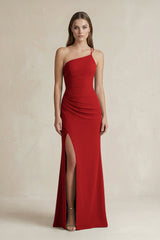 One - Shoulder Sheath Satin Bridesmaid Dress in Spice - KISS BRIDAL Bridesmaid Dresses