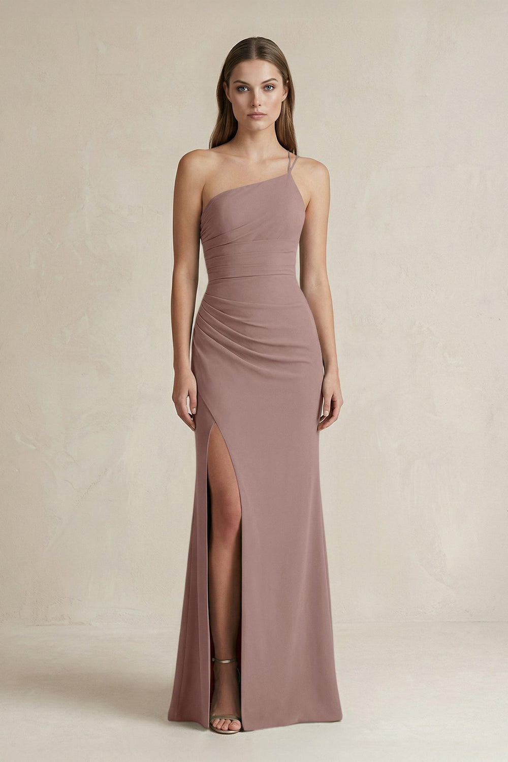 One - Shoulder Sheath Satin Bridesmaid Dress in Toffee - KISS BRIDAL Bridesmaid Dresses