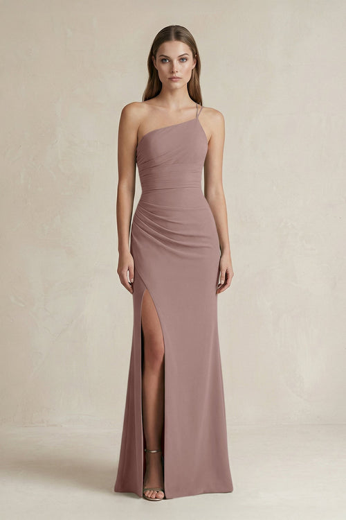 One - Shoulder Sheath Satin Bridesmaid Dress in Toffee - KISS BRIDAL Bridesmaid Dresses