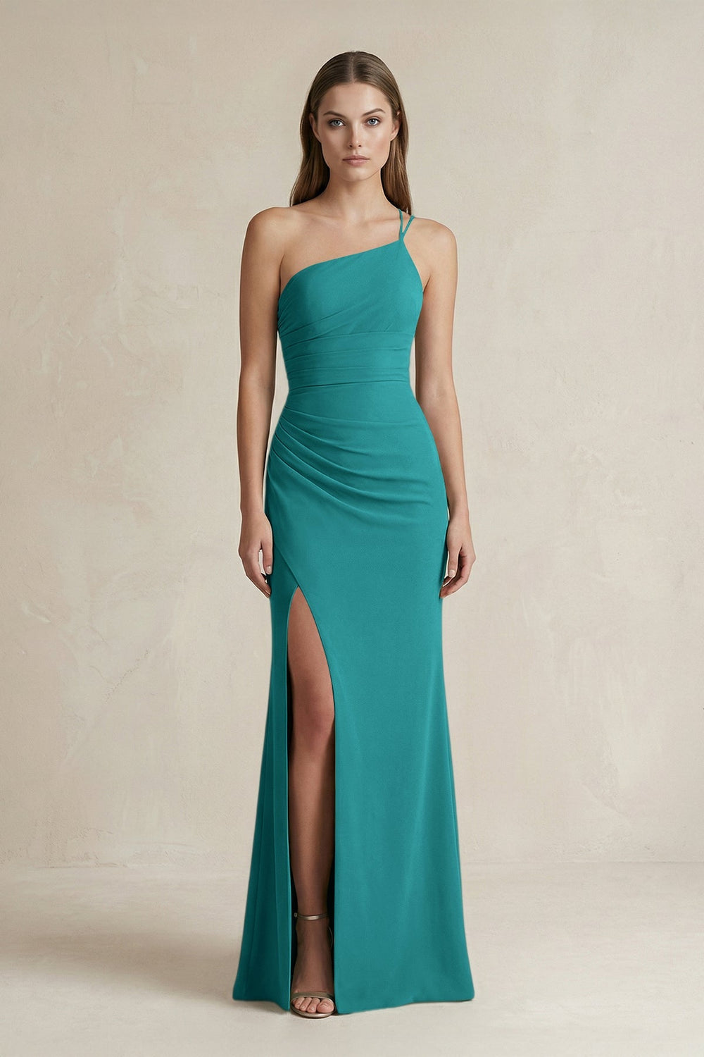 One - Shoulder Sheath Satin Bridesmaid Dress in Turquoise - KISS BRIDAL Bridesmaid Dresses