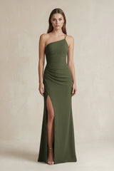 One - Shoulder Sheath Satin Bridesmaid Dress in Willow Green - KISS BRIDAL Bridesmaid Dresses
