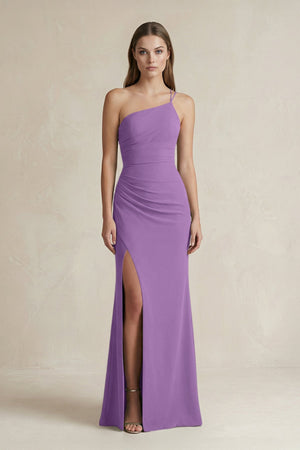One - Shoulder Sheath Satin Bridesmaid Dress in Wisteria - KISS BRIDAL Bridesmaid Dresses