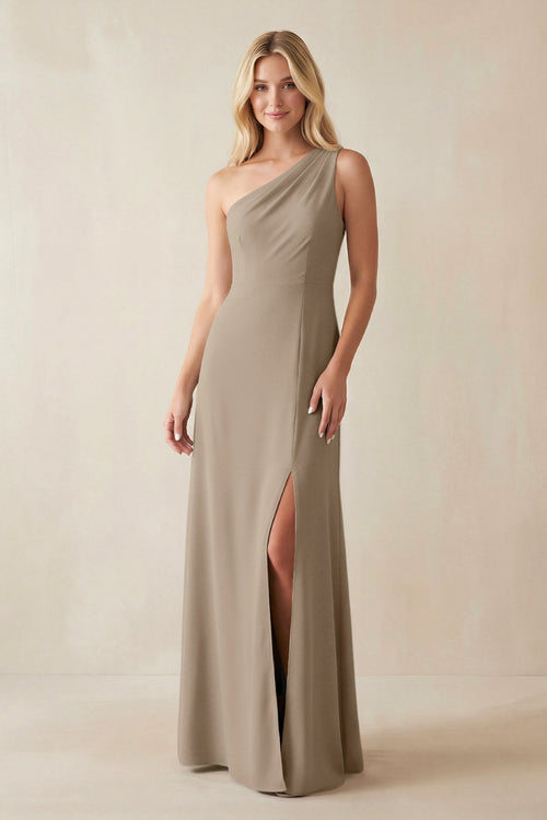 One - Shoulder Sheath Satin Bridesmaid Dress With Slit in Almond - KISS BRIDAL Bridesmaid Dresses