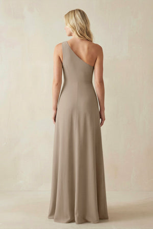 One - Shoulder Sheath Satin Bridesmaid Dress With Slit in Almond - KISS BRIDAL Bridesmaid Dresses
