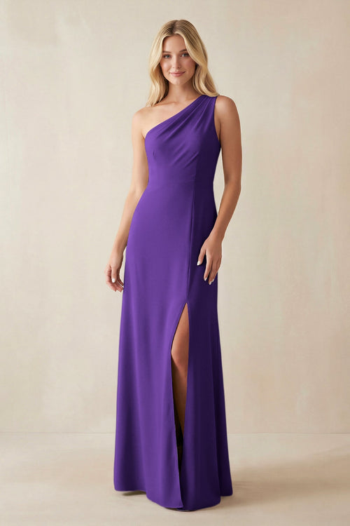 One - Shoulder Sheath Satin Bridesmaid Dress With Slit in Amethyst - KISS BRIDAL Bridesmaid Dresses