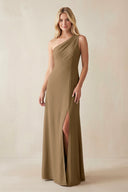 One - Shoulder Sheath Satin Bridesmaid Dress With Slit in Apple Cinnamon - KISS BRIDAL Bridesmaid Dresses