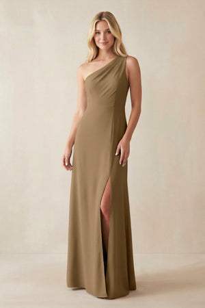 One - Shoulder Sheath Satin Bridesmaid Dress With Slit in Apple Cinnamon - KISS BRIDAL Bridesmaid Dresses