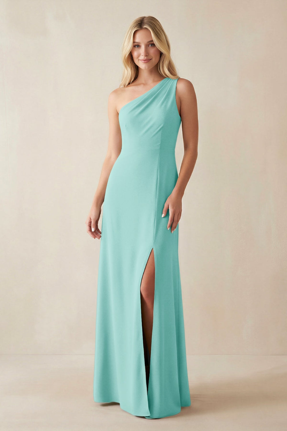 One - Shoulder Sheath Satin Bridesmaid Dress With Slit in Aqua - KISS BRIDAL Bridesmaid Dresses