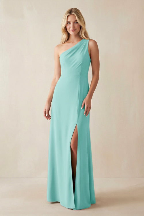 One - Shoulder Sheath Satin Bridesmaid Dress With Slit in Aqua - KISS BRIDAL Bridesmaid Dresses